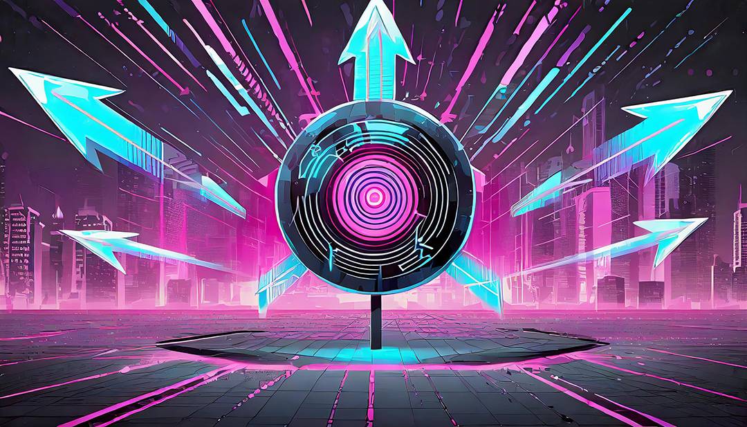 Cityscape with a digital target in the middle and arrows flying around it.