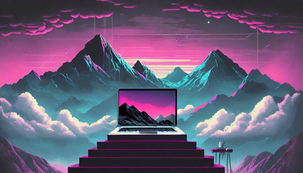 Elevate Your Online Presence with Pittsburgh's Top SEO Agency 5 Laptop sitting on a pedestal with clouds and mountain view in the background