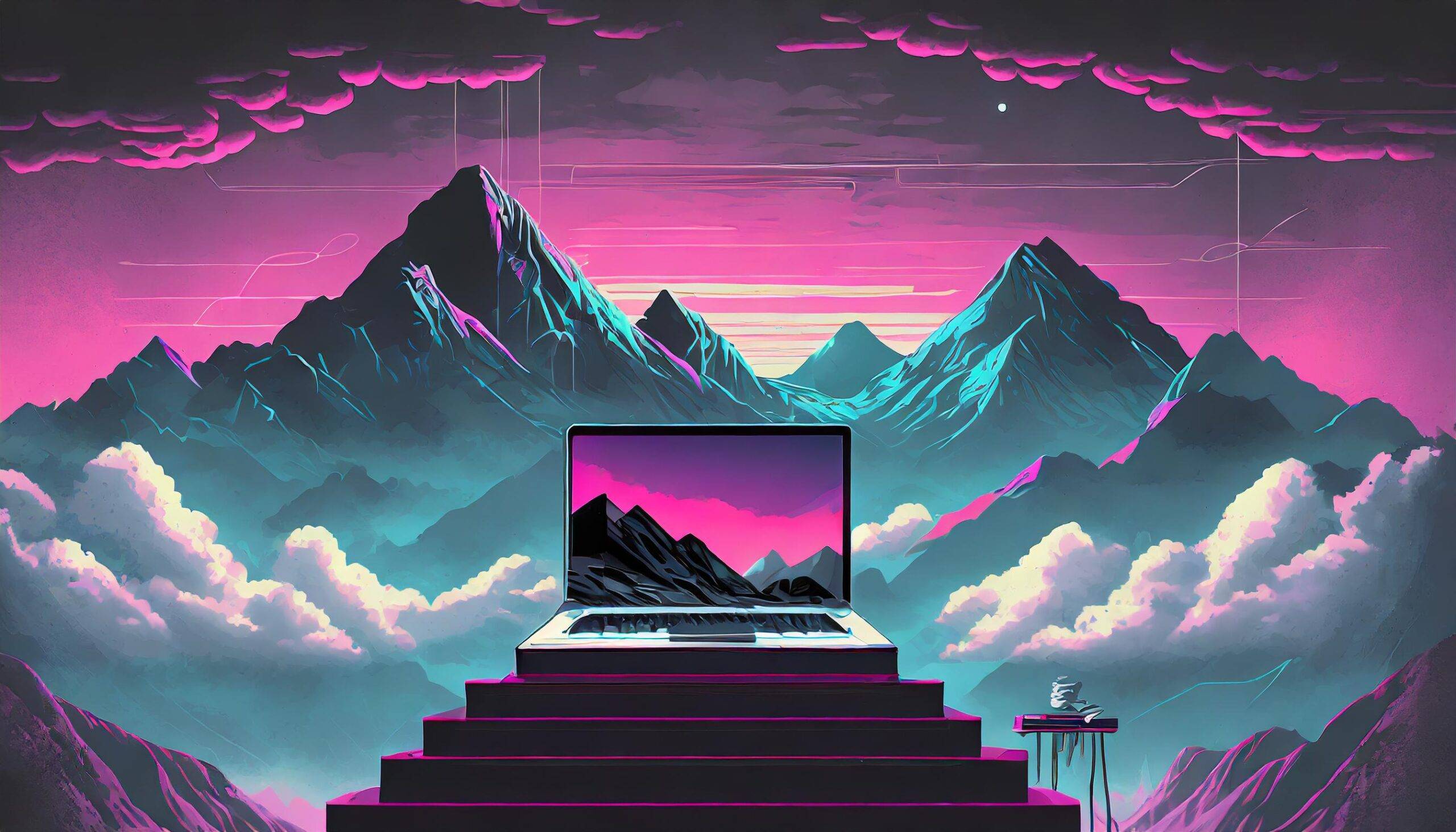 Laptop sitting on a pedestal with clouds and mountain view in the background