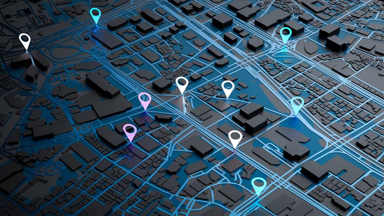 AI-powered local search concept showing a digital city map with location pins and data overlays